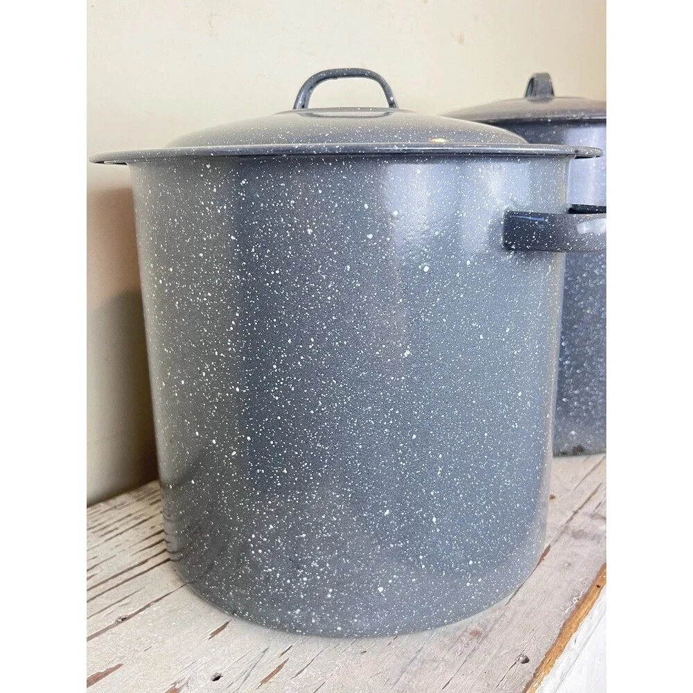 Vintage Grey Speckled Enamelware Set Of Nesting Stock Pots Country Home Camping